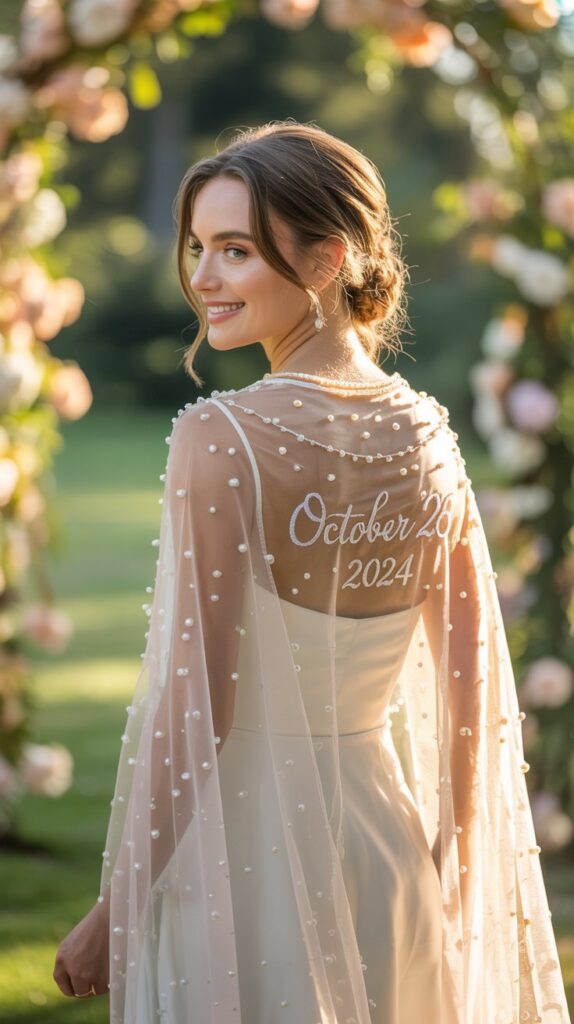 Bride wearing a custom embroidered tulle capelet.