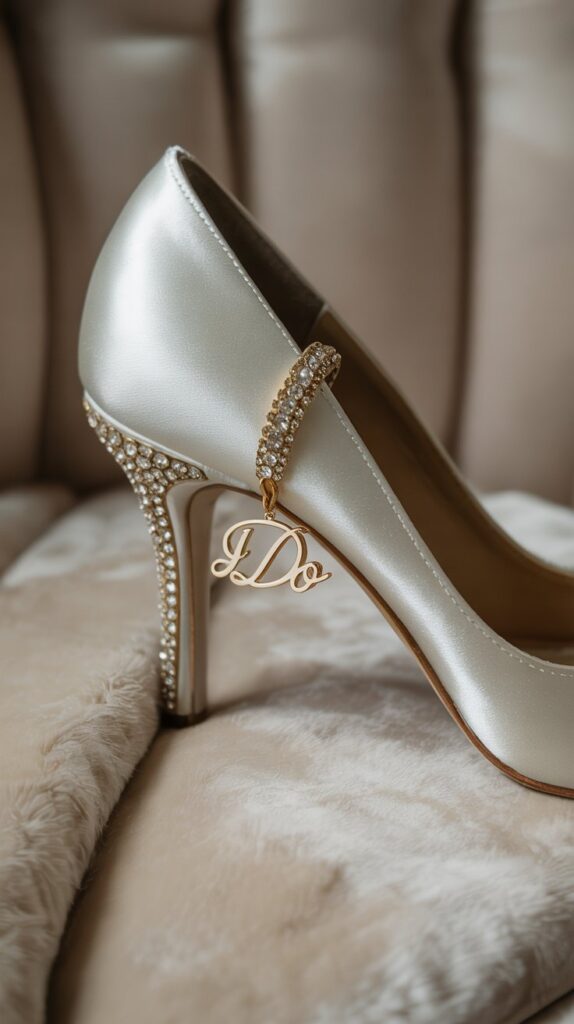 Wedding shoe with gold charm reading “I Do.”