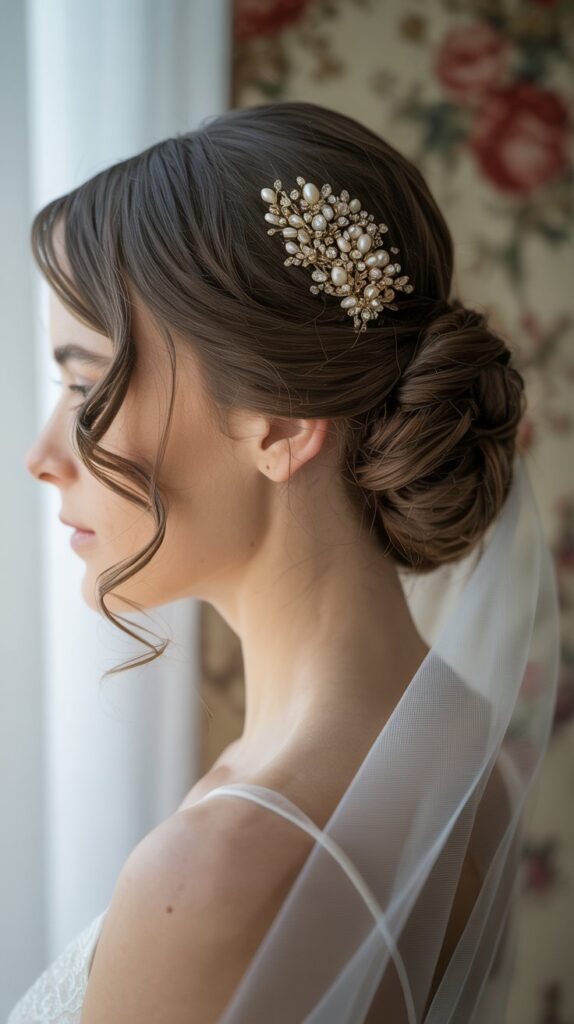 Bride with a vintage-style gold and pearl hair comb.