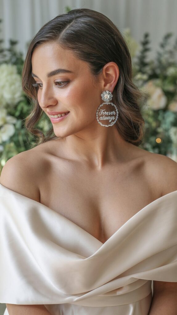 Close-up of a bride wearing oversized crystal earrings with custom initials, paired with an off-shoulder satin dress.