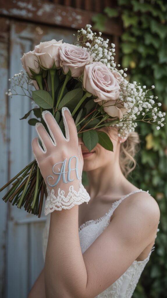 Bride wearing sheer gloves with embroidered blue initials.