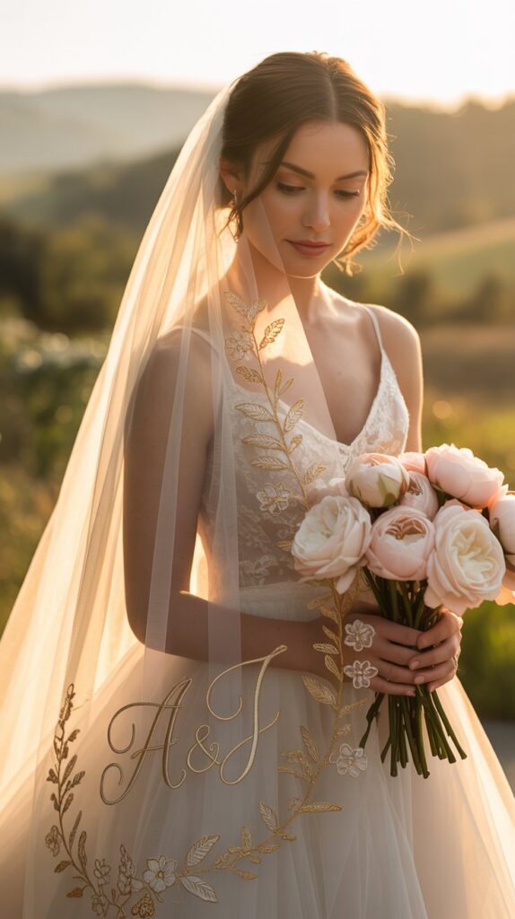 Bride wearing a cathedral-length embroidered veil with gold initials and floral details.