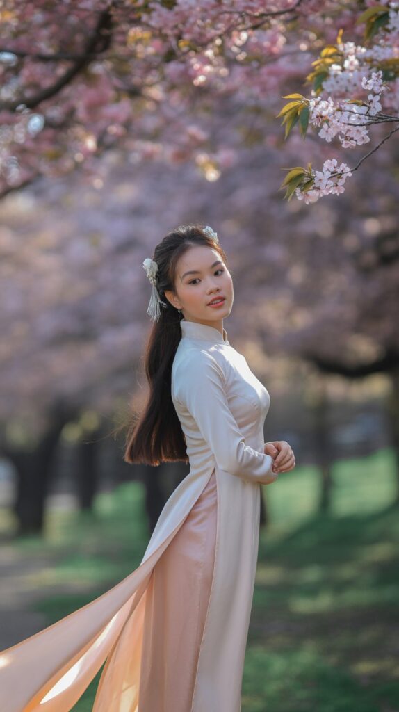 Asian woman in a pastel satin áo dài-style dress with wide-leg pants, standing near cherry blossom arrangements at a Vietnamese wedding ceremony.