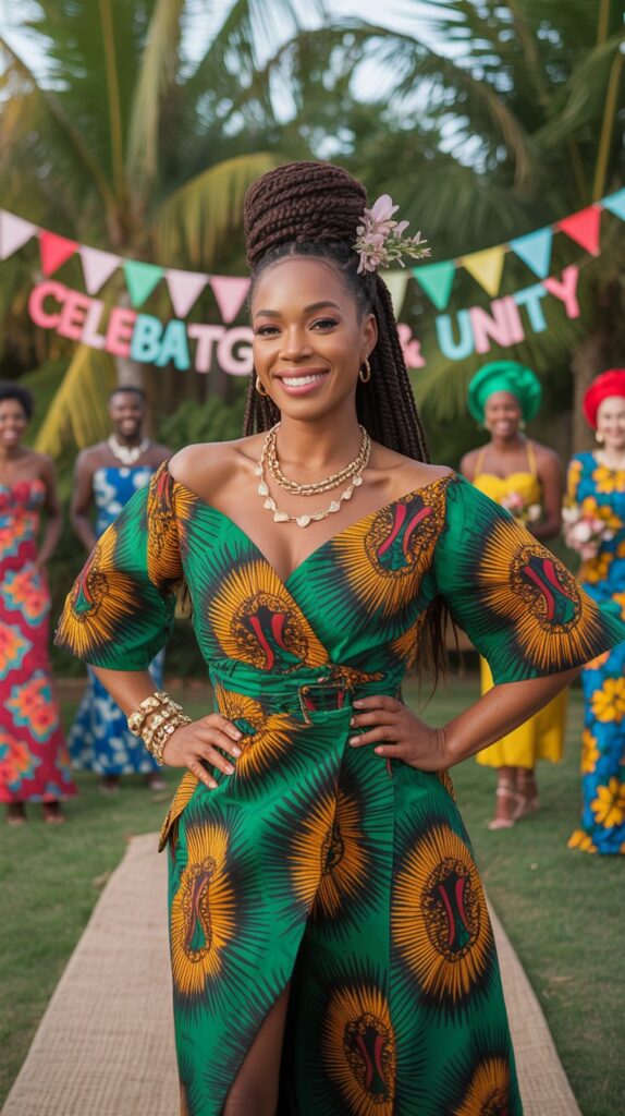 Black woman in a vibrant Ankara print wrap dress walking through a colorful garden wedding venue, smiling with natural makeup and gold accessories.