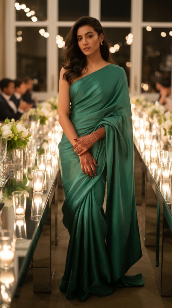 South Asian woman in a modern gown with sari-style draping, attending a candlelit multicultural wedding reception with long tables and elegant décor.