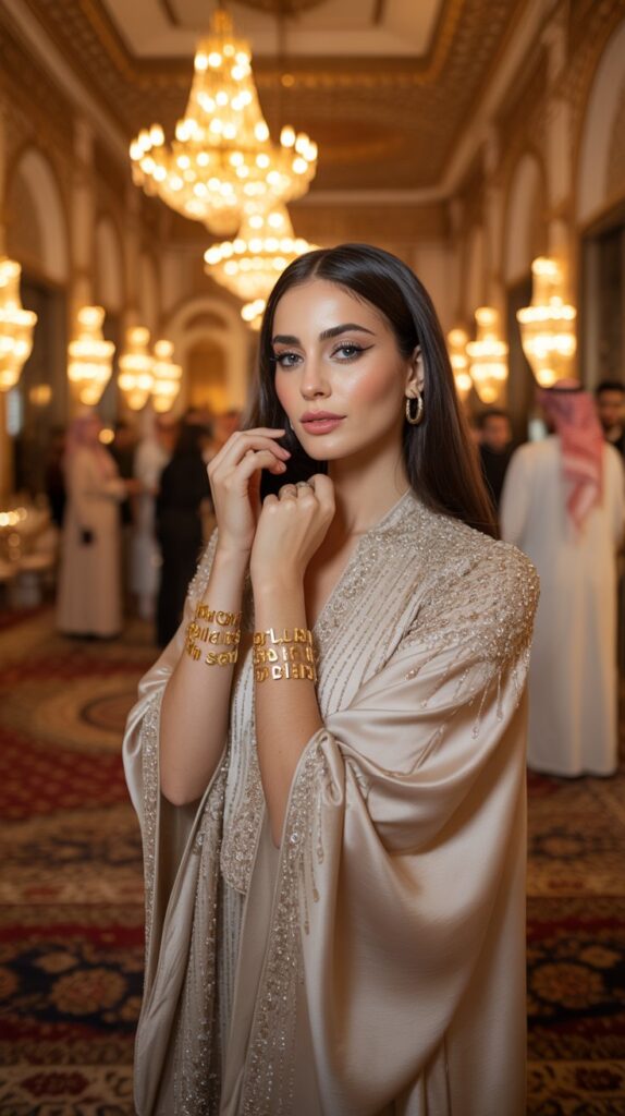 Woman in a shimmering gold-trimmed kaftan with beaded neckline, entering a grand Middle Eastern ballroom wedding, wearing a head chain and soft glam makeup.