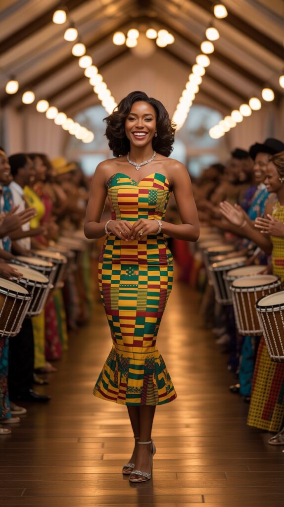 Black woman in a fitted Kente print midi dress at a festive West African wedding celebration, wearing hoop earrings and bold heels in a colorful reception hall.