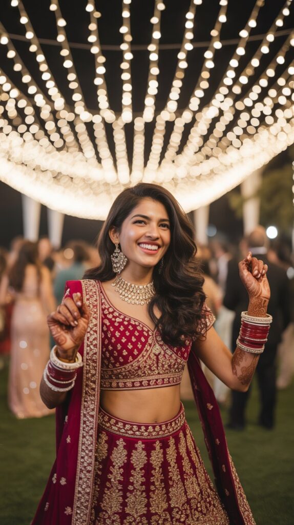 South Asian woman wearing a red and gold embroidered lehenga with matching crop top, dancing at a night wedding under glowing lanterns with henna on her hands.