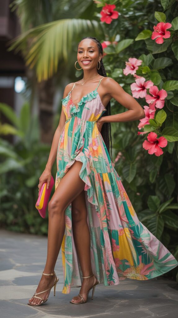 Afro-Caribbean woman in a white lace midi dress with puff sleeves, attending an outdoor island wedding with tropical flowers and natural beach scenery.