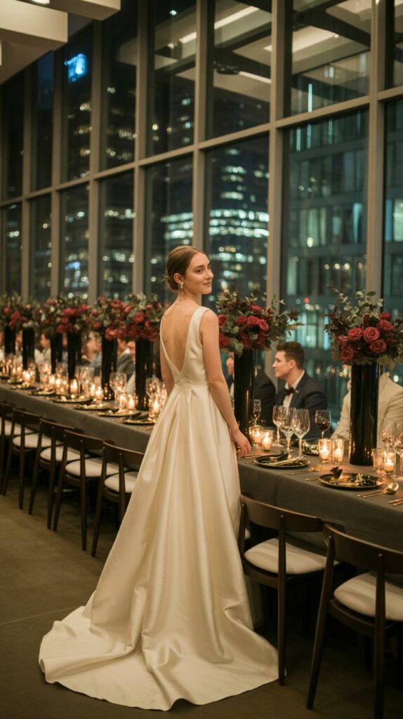 A city loft wedding with bridesmaids in merlot dresses, charcoal walls, and moody candlelight reflecting on sleek industrial decor.