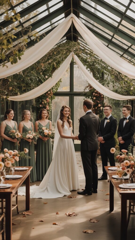 Bridesmaids in forest green gowns hold soft peach bouquets inside a greenhouse venue filled with lush plants and golden fall leaves.