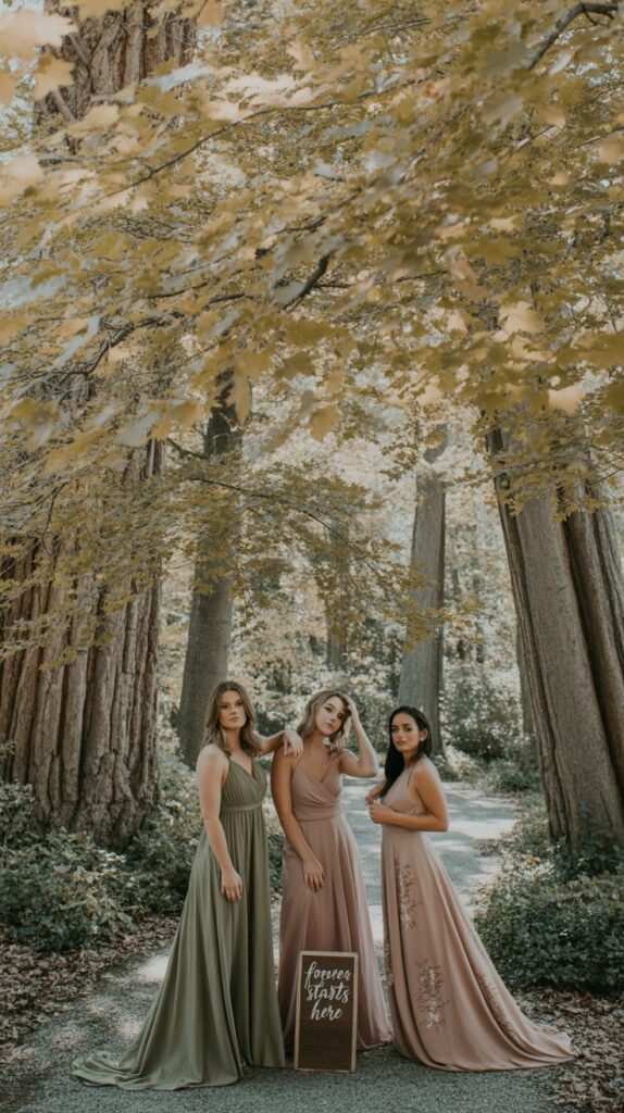 Olive green and dusty rose bridesmaid dresses blend beautifully in a woodland wedding with eucalyptus-filled bouquets and a soft autumn forest glow.