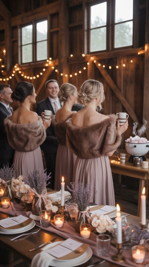 Bridesmaids in mauve dresses with mocha faux fur wraps pose by soft candlelight at a cozy fall wedding with dried florals and hot cocoa details.