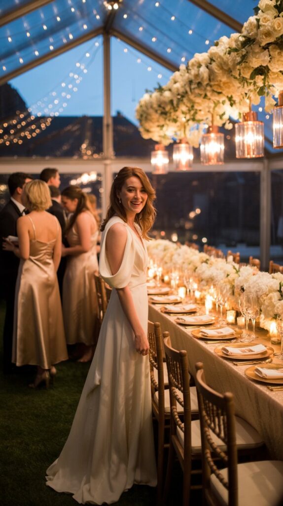 A candlelit tented wedding reception glows with copper lanterns, champagne-colored gowns, and sparkling fall accents under a starlit sky.