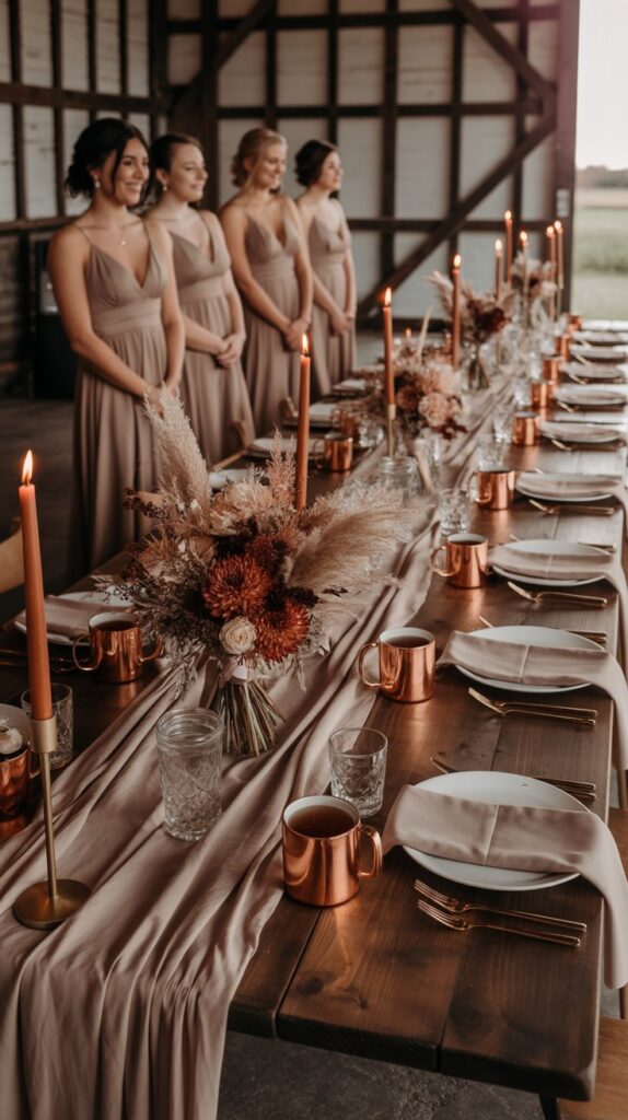  A boho barn wedding scene with taupe bridesmaid dresses and burnt orange floral details set against rustic wood textures and copper candlelight.