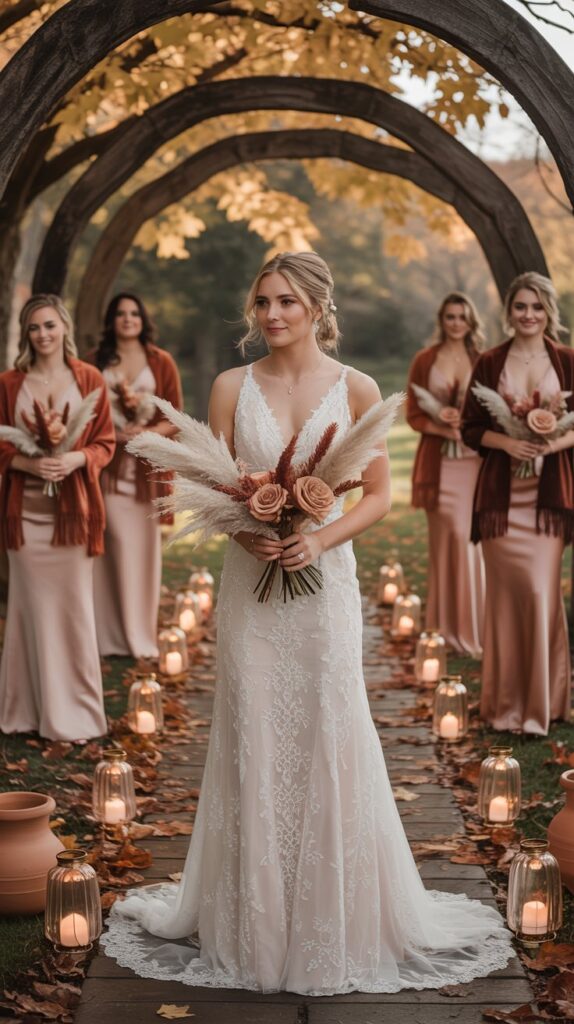 Bridesmaids in blush pink satin dresses with burnt sienna shawls stand beside a rustic floral arch at golden hour, surrounded by pampas grass and warm amber leaves