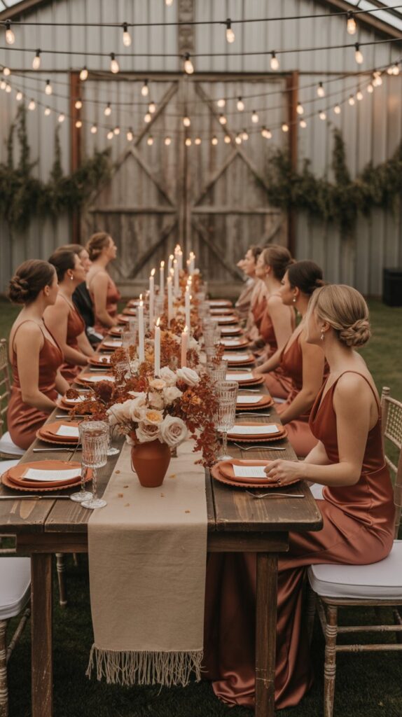 ridesmaids in rosewood satin dresses and terracotta floral bouquets pose inside a warm-lit barn with rustic wooden tables and soft peachy décor