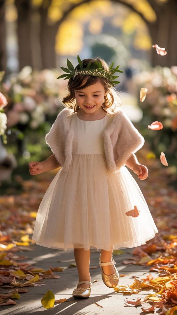 Flower girl in cream tulle dress with faux fur shrug and gold crown for fall wedding