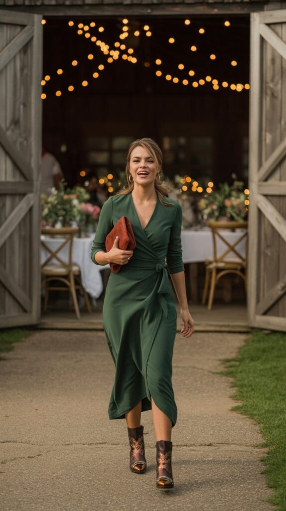 Wedding guest in green dress, suede boots, and velvet clutch at outdoor fall wedding.