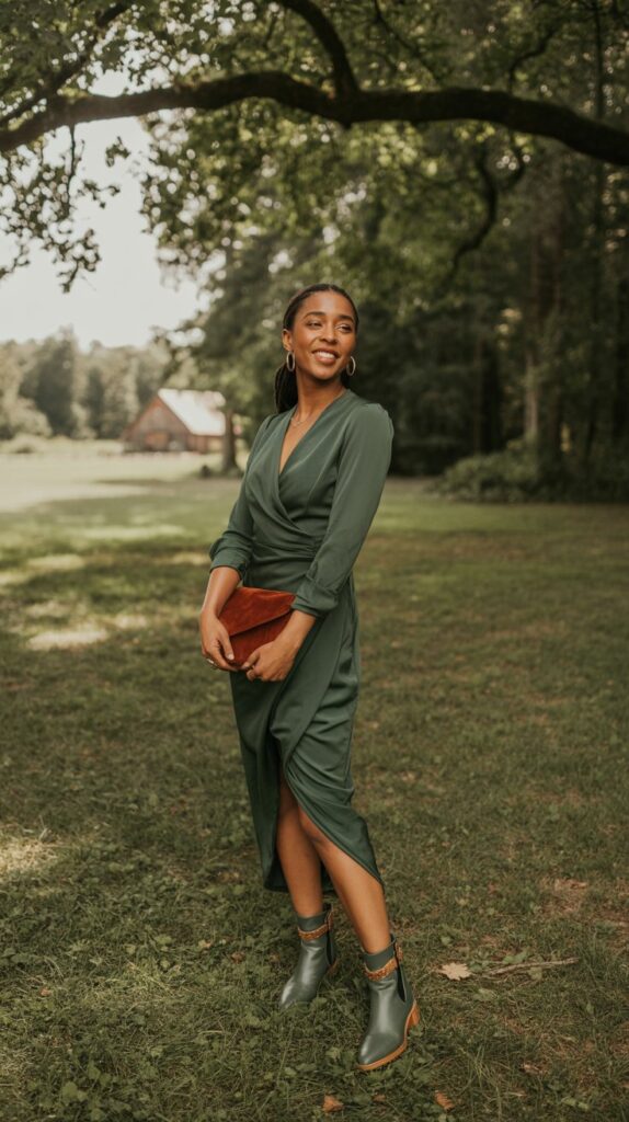 Wedding guest in green dress, suede boots, and velvet clutch at outdoor fall wedding.