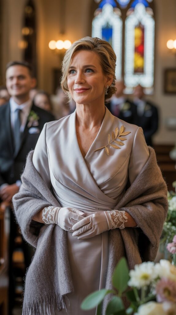 Stylish mother of the bride with satin gloves and gold brooch in elegant fall wedding outfit.