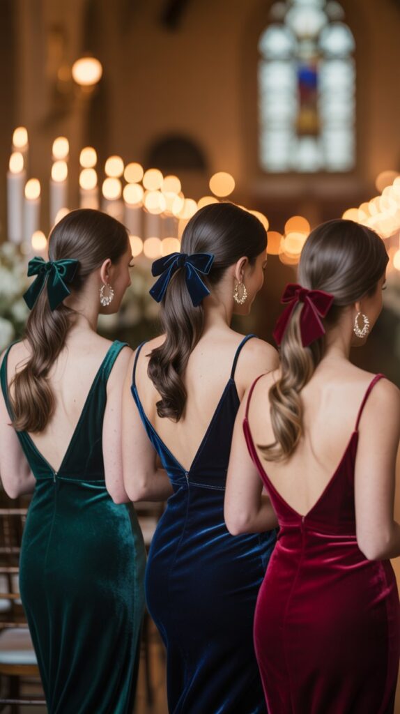 Bridesmaids with velvet bows and gold hoops in rich fall tones, standing outdoors in fall foliage.