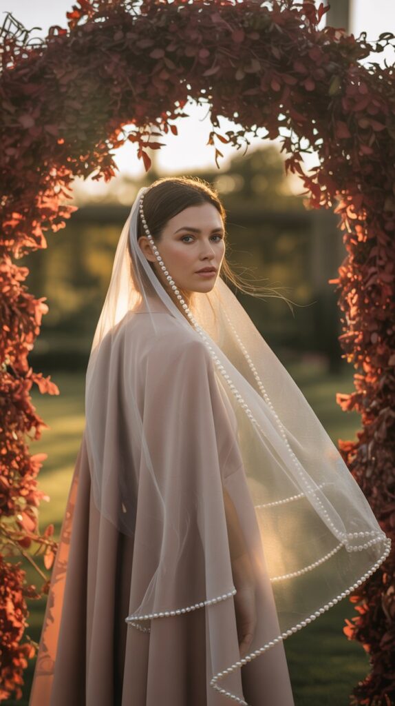 bride in fall wedding setting wearing a long tulle cape veil with pearl trim and ivory gown.