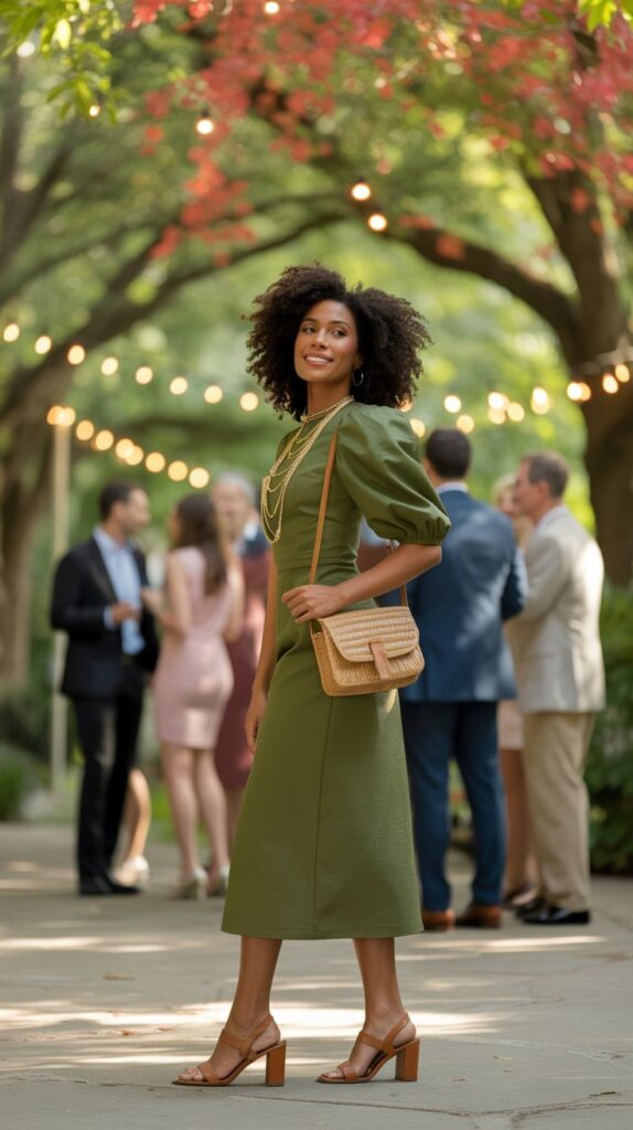 woman in an olive green puff sleeve midi dress at a fall garden wedding, accessorized with gold jewelry and tan heels.