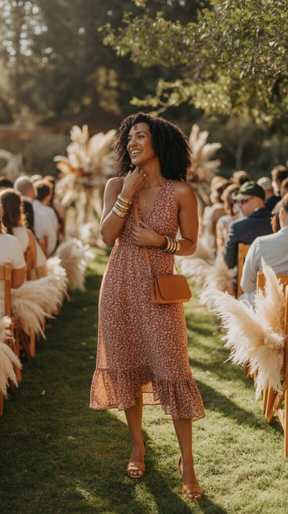 woman in a rust floral ruffle-hem dress at an early fall outdoor wedding, styled with tan sandals and gold accessories.