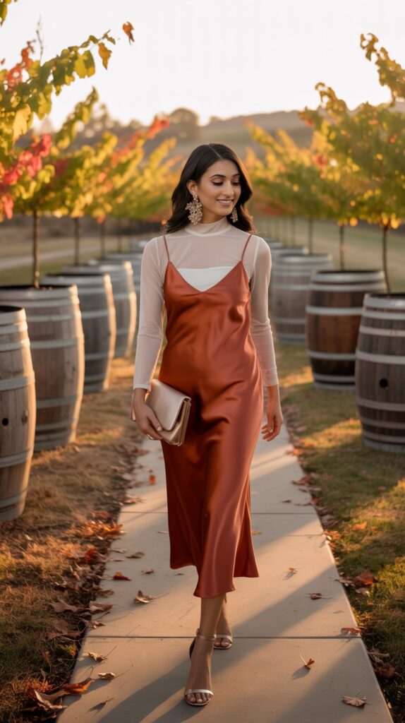 South Asian woman wearing a rust satin slip dress with sheer ivory top, attending a vineyard wedding at sunset with fall foliage in the background.