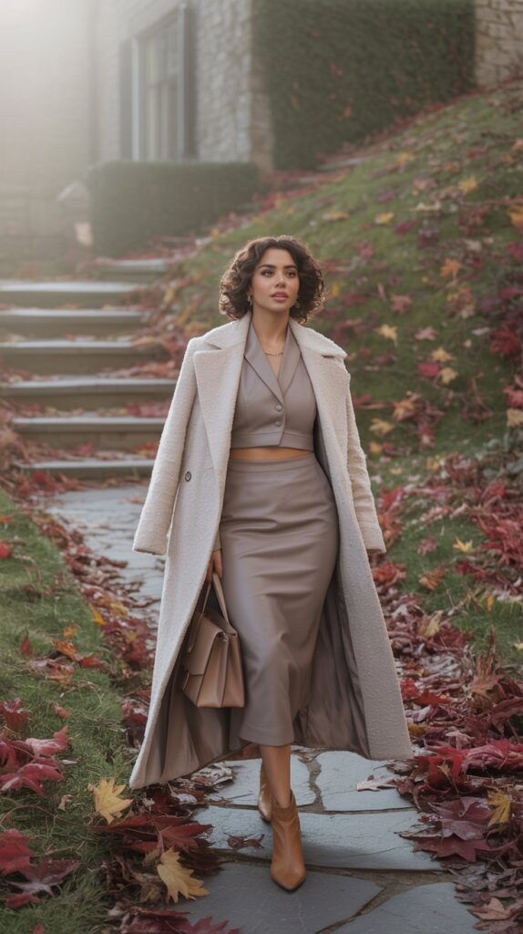 Middle Eastern woman in a taupe matching set and longline coat at a countryside fall wedding, accessorized with boots and a shoulder bag.