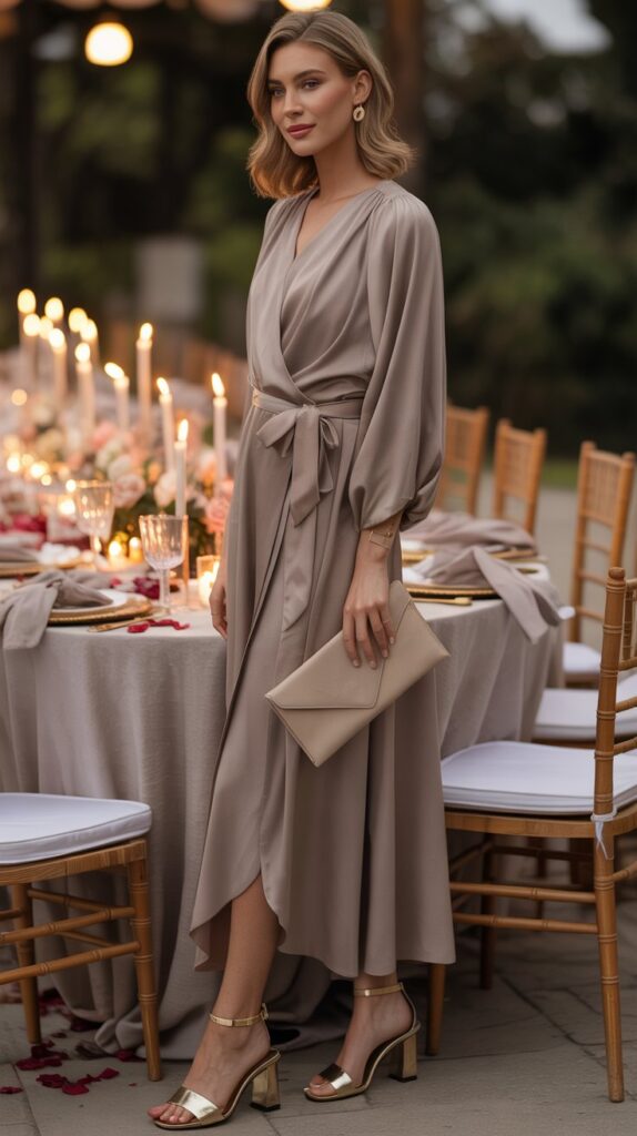 woman in a taupe wrap midi dress at an outdoor fall wedding, styled with metallic heels and a beige clutch.