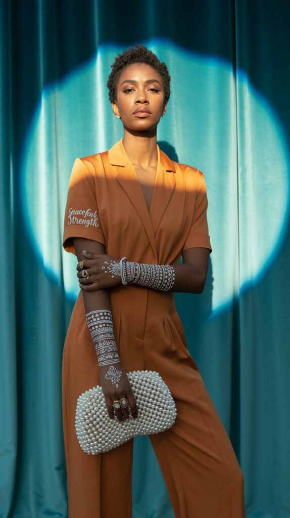 Fashion-forward Black guest in rust jumpsuit, white henna cuffs and finger dots, pearl clutch, stacked rings over the design, editorial styling.