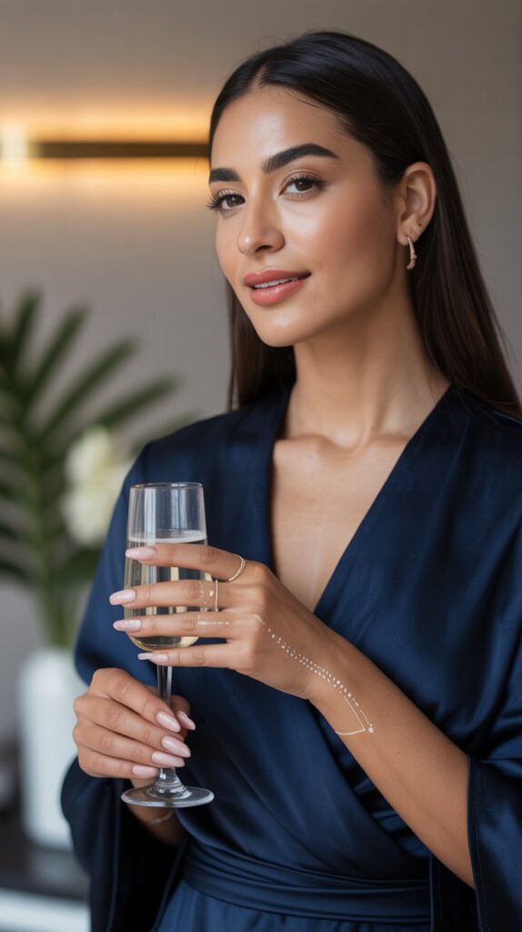 Latina woman in navy wrap dress, minimalist fingertip henna with dots and geometric rings, long almond nails, holding champagne glass with soft lighting.
