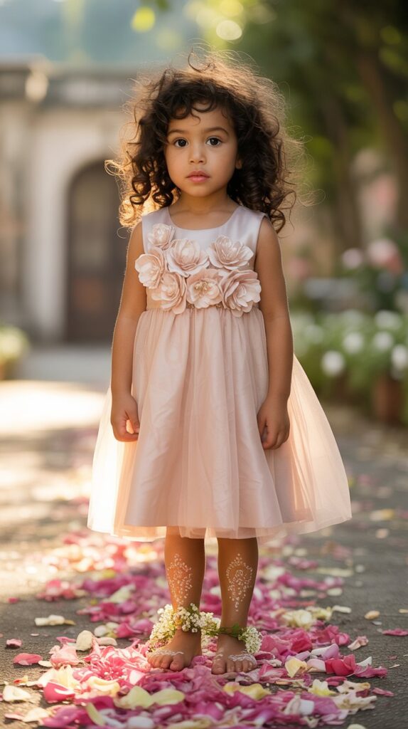 Young mixed-race flower girl with curly hair in blush dress, henna anklets and blossoms on feet, barefoot on a petal-strewn path.