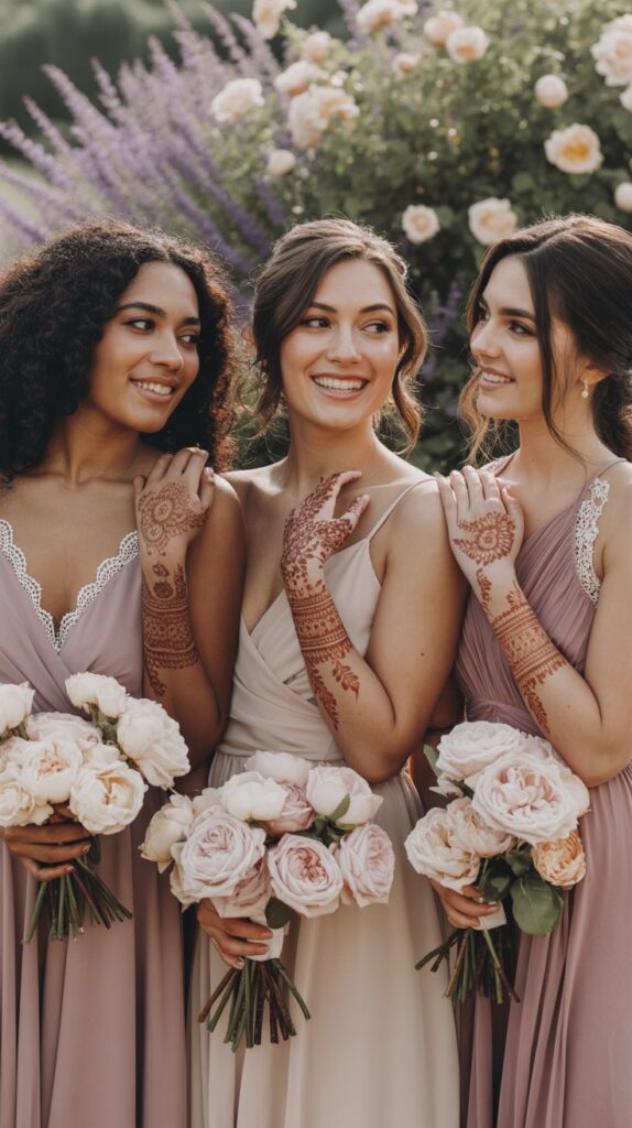 Three diverse bridesmaids with floral wrist-to-finger henna designs, each holding matching bouquets, one Black, one Asian, one Arab, wearing coordinated mauve dresses.