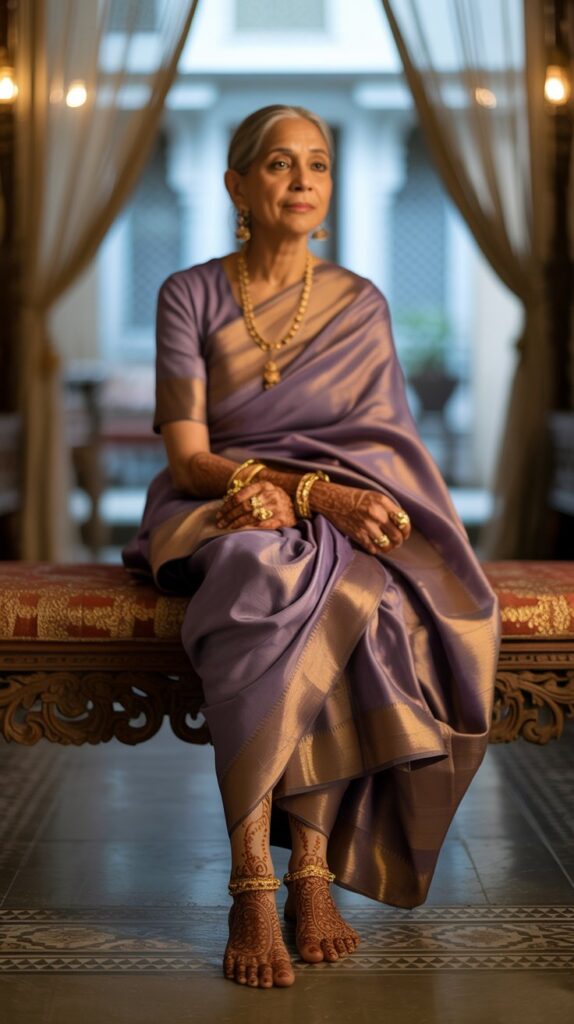 Older Black woman in jewel sari seated on carved bench, henna arches along feet and ankles, gold foot jewelry and a warm, elegant atmosphere.