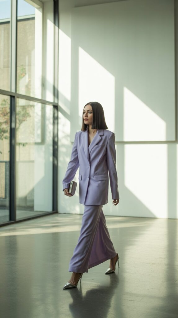 Guest in lavender blazer dress walking through modern wedding venue with stylish edge.