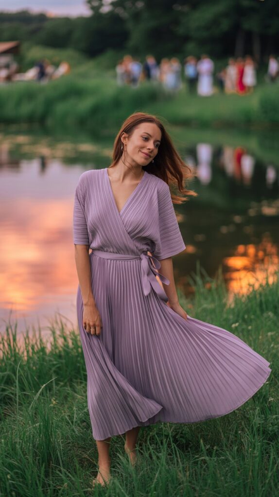 Guest twirling in pleated lavender dress beside lake at sunset reception.
