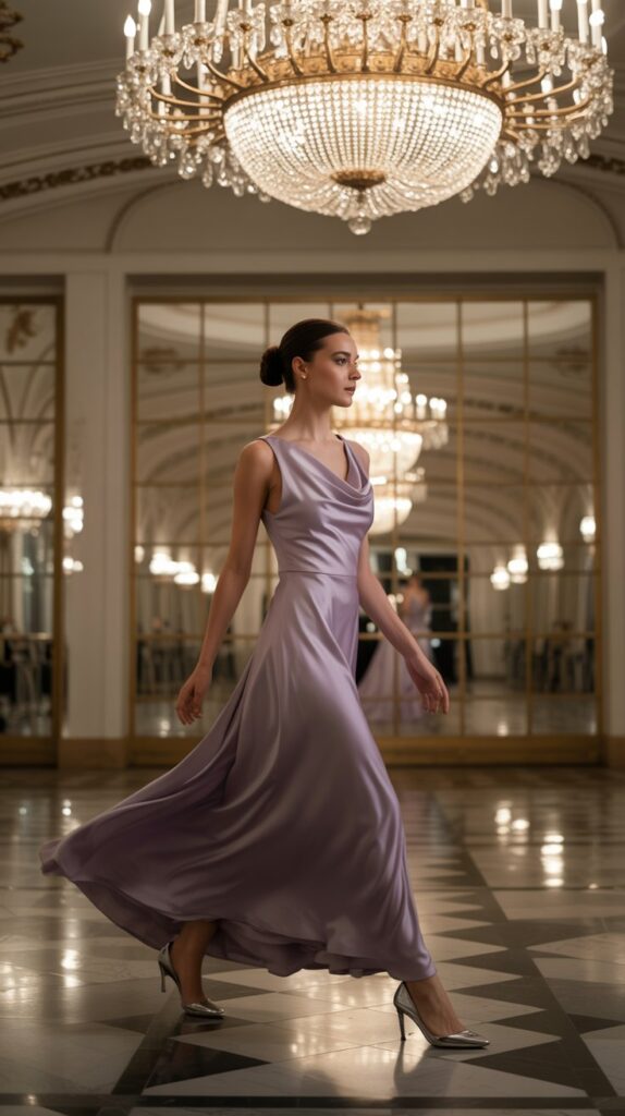 Elegant guest in satin lavender gown walking into formal wedding reception with chandelier lighting.