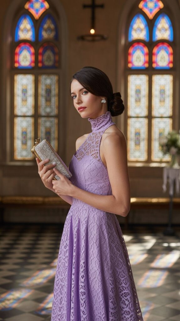 Guest in lace high neck lavender dress seated at traditional chapel wedding.