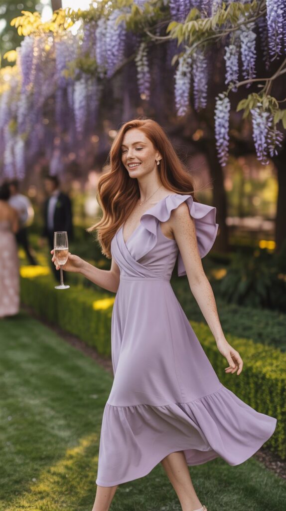 Guest in ruffled lavender midi dress at floral garden ceremony twirling under hanging blooms.
