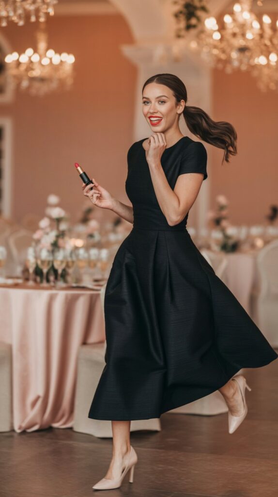 Elegant black midi styled with nude heels and a red lip for a wedding guest on the go.