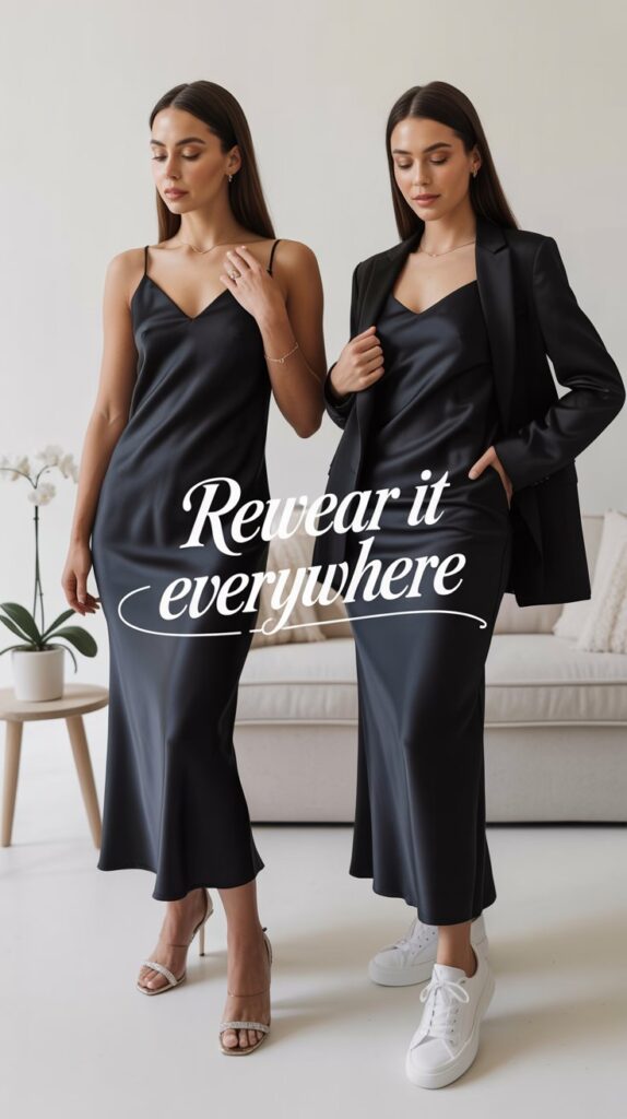 Side-by-side styling of a black slip dress for a wedding and a casual event.
