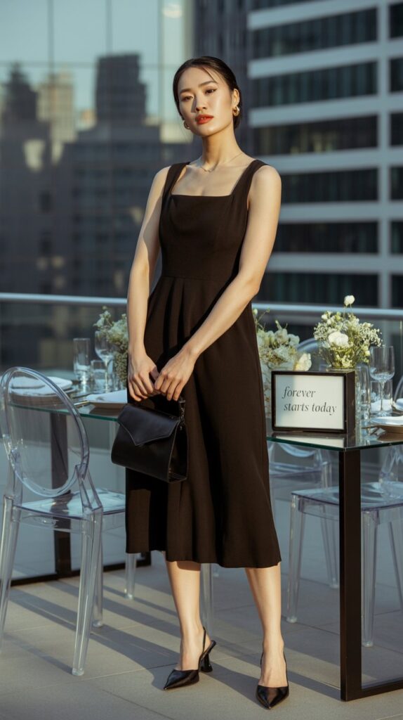 Modern black square-neck dress styled for a chic city wedding guest look.