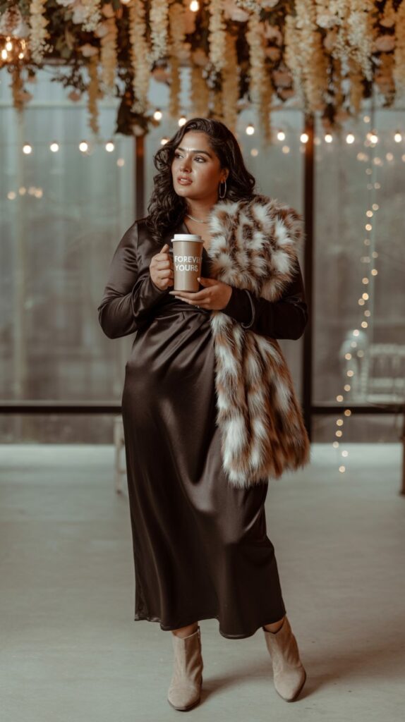 Long-sleeve black dress with faux fur and boots styled for a cozy fall wedding.