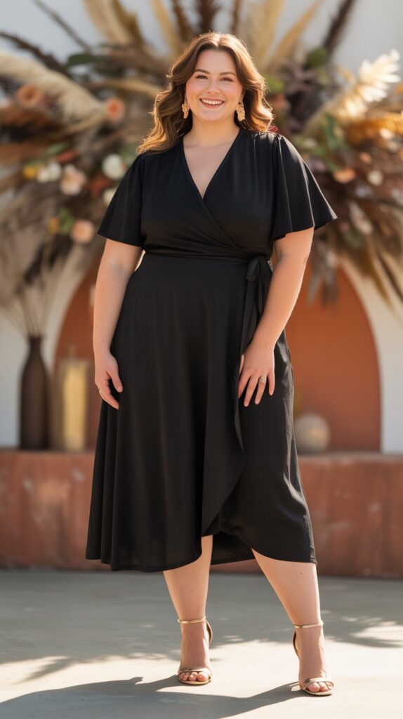 Plus-size wedding guest in a black wrap dress surrounded by warm, romantic florals.