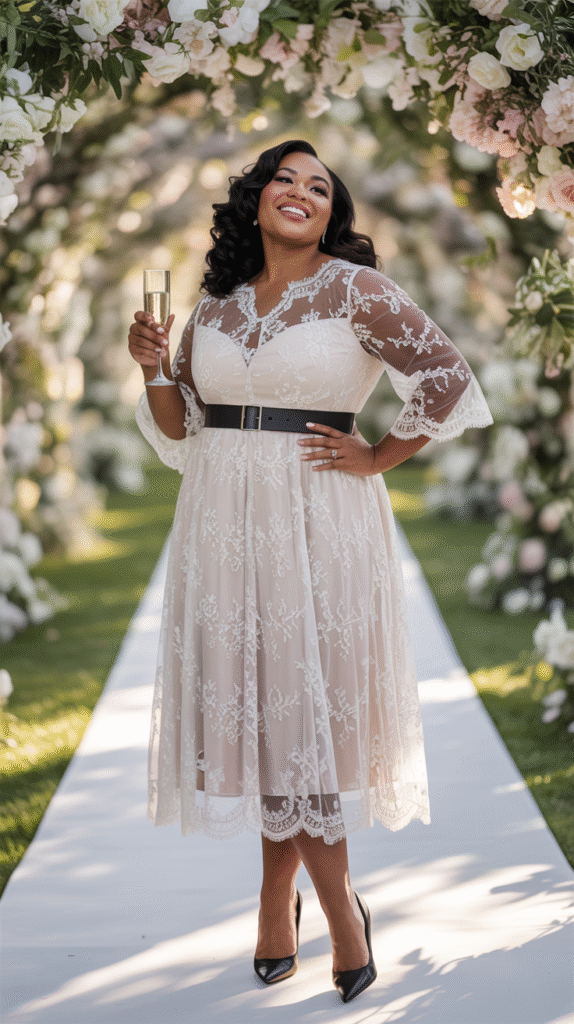 A plus-size woman wearing a white lace midi dress with a black belt and black heels, posing at an outdoor wedding venue