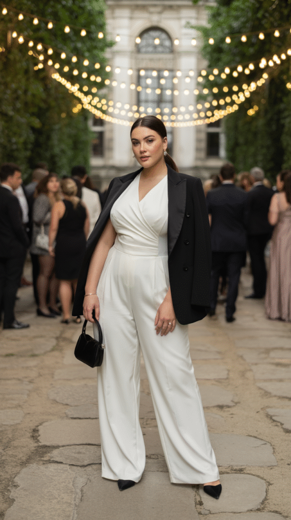 A plus-size woman in a tailored white jumpsuit paired with a black blazer, standing confidently at an evening wedding event.