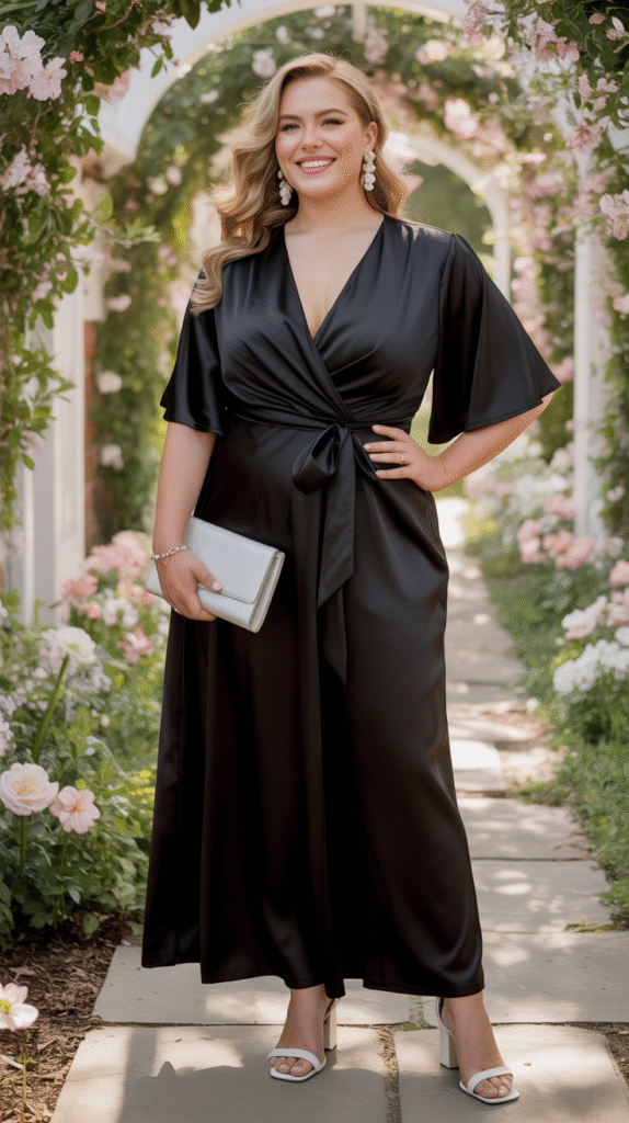 A plus-size woman in a black wrap dress with a V-neckline, accessorized with a white clutch and pearl necklace, standing in a garden setting